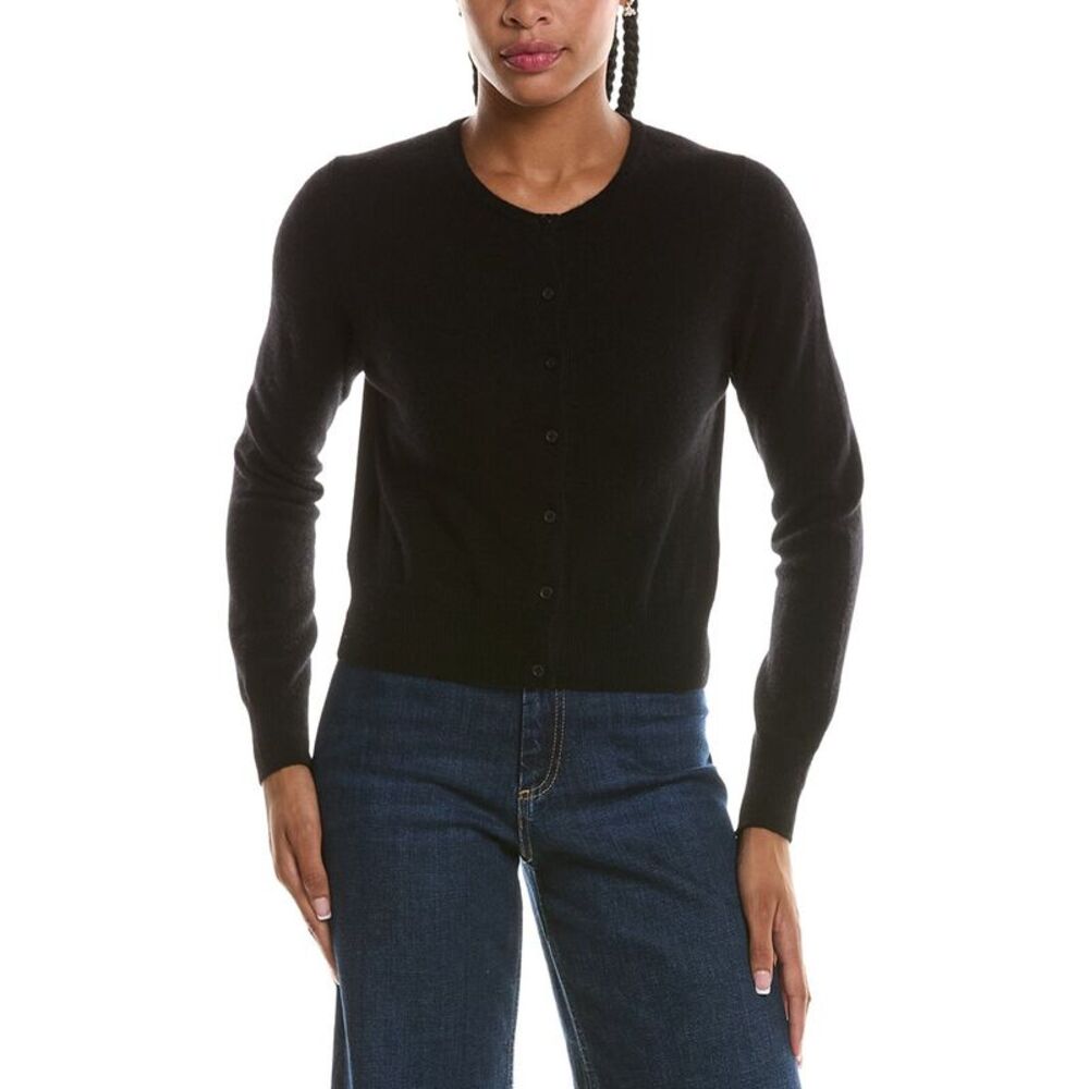 Forte Cashmere Womens Basic Cropped Button 100% Cashmere Cardigan, Grey